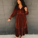 Velvet Long Sleeve Maxi Dress - Camel