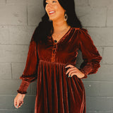 Velvet Long Sleeve Maxi Dress - Camel