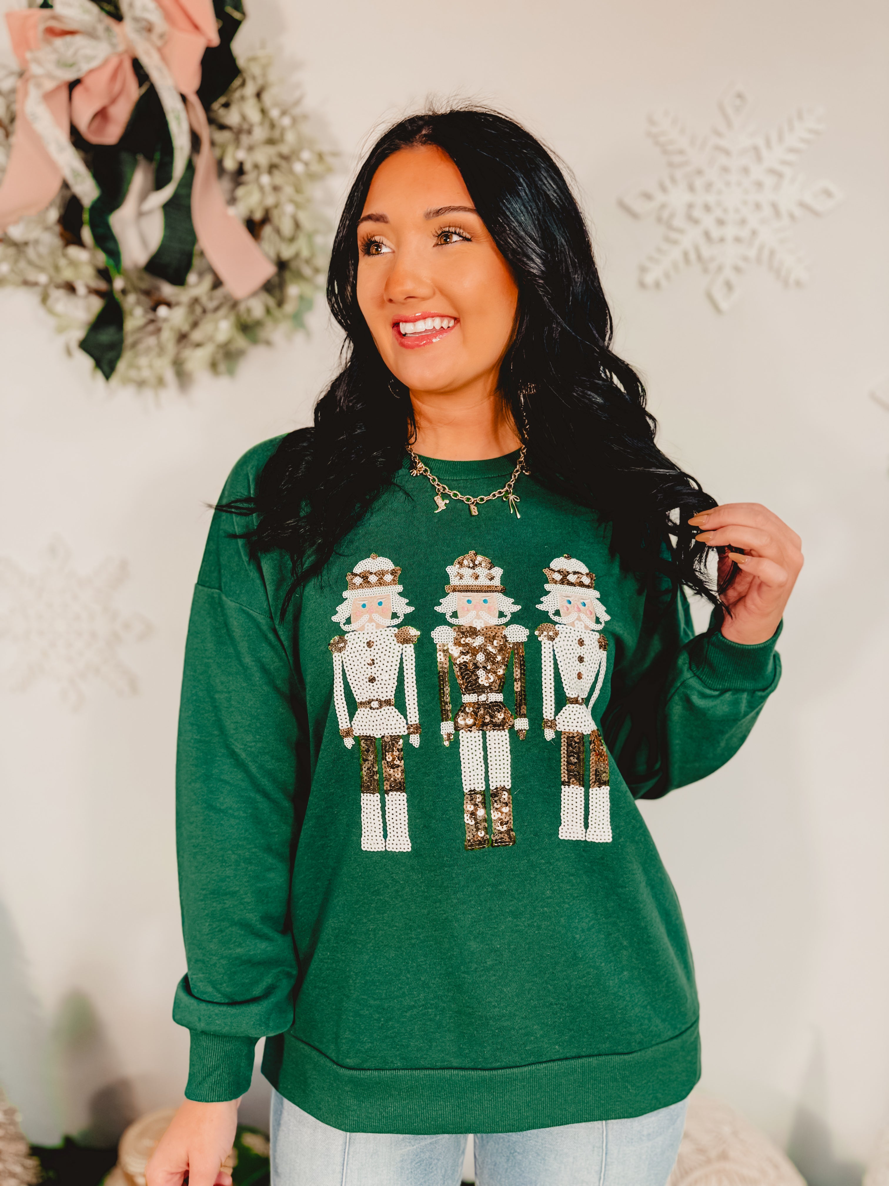 Sequin Alpine Nutcracker Sweatshirt - Dark Green - Lace and Grace Boutique