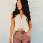 Crochet Trimmed Button Down Sweater Vest - Oatmeal - Lace and Grace Boutique