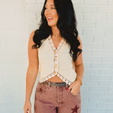 Crochet Trimmed Button Down Sweater Vest - Oatmeal - Lace and Grace Boutique
