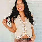 Crochet Trimmed Button Down Sweater Vest - Oatmeal - Lace and Grace Boutique