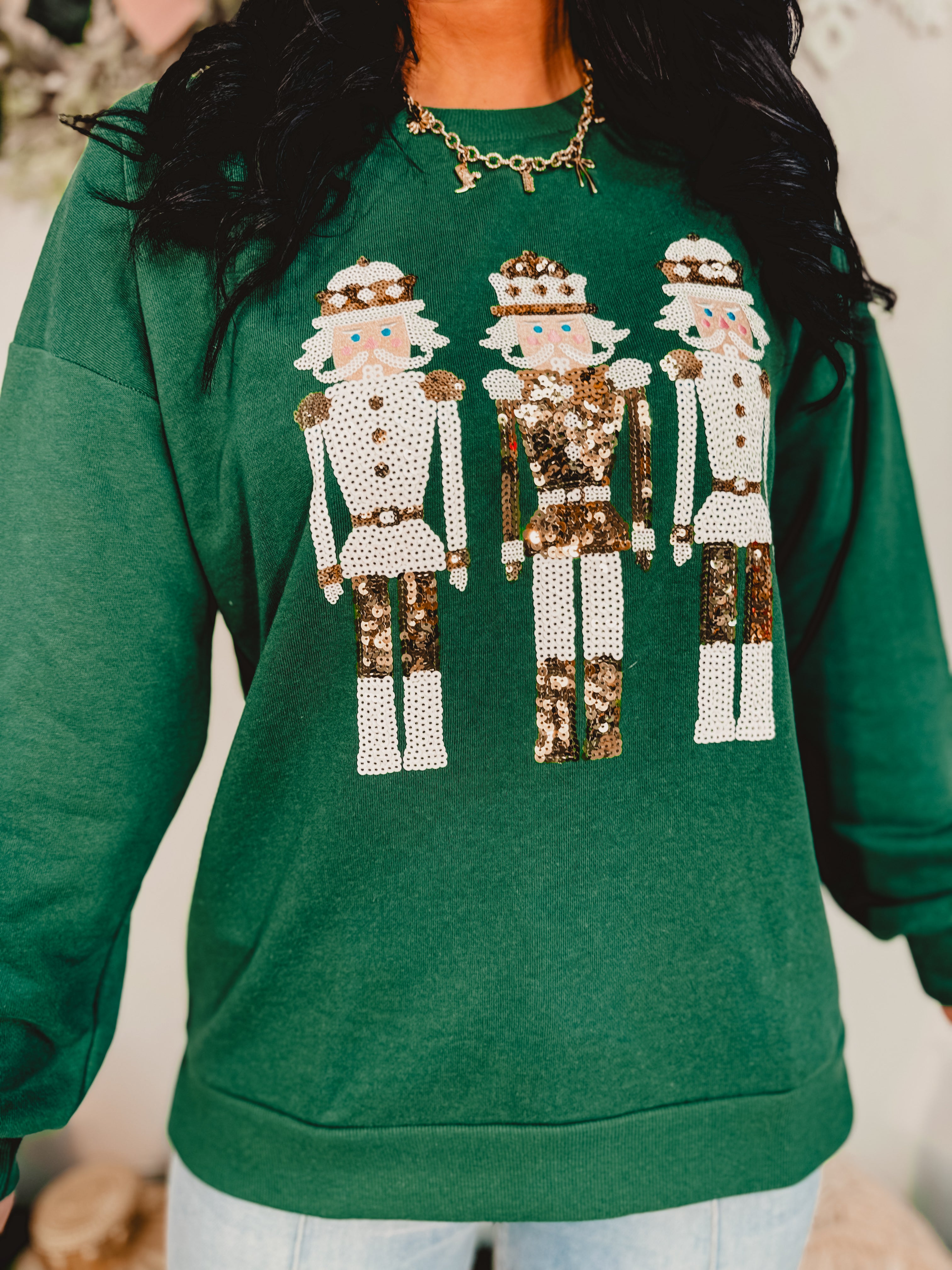 Sequin Alpine Nutcracker Sweatshirt - Dark Green - Lace and Grace Boutique