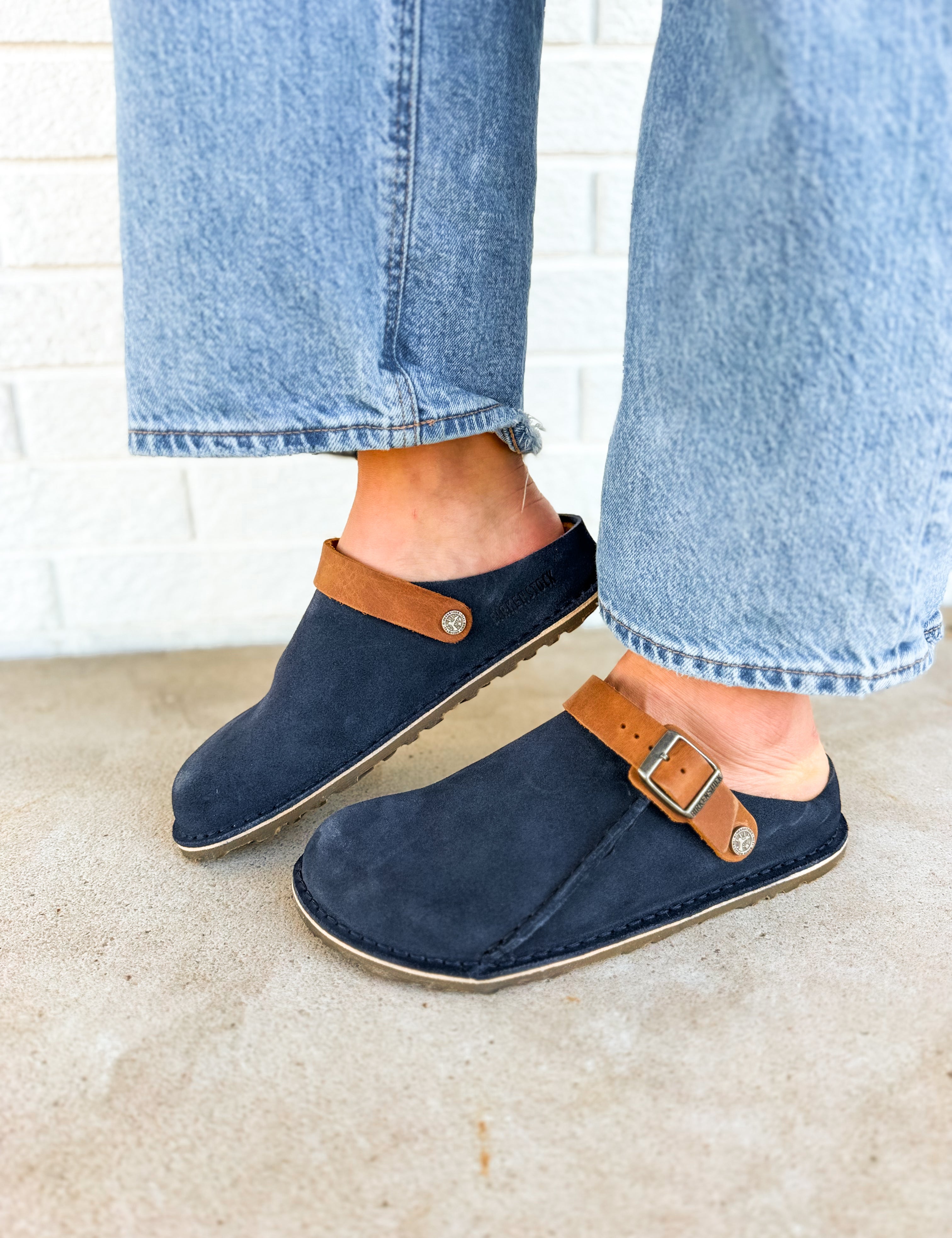 Birkenstock Lutry Premium Suede Clog - New Navy/Cognac - Lace and Grace Boutique