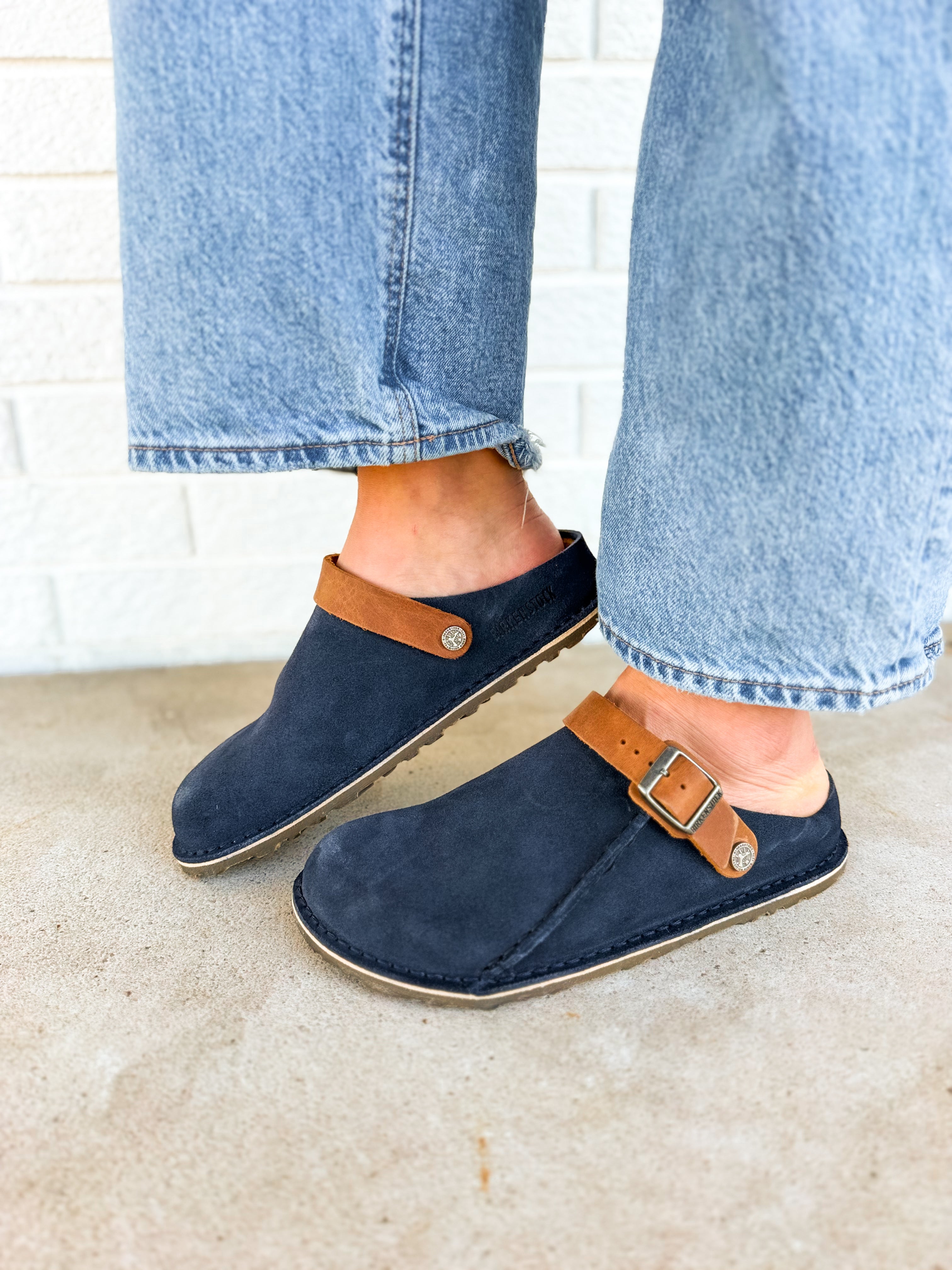 Birkenstock Lutry Premium Suede Clog - New Navy/Cognac - Lace and Grace Boutique