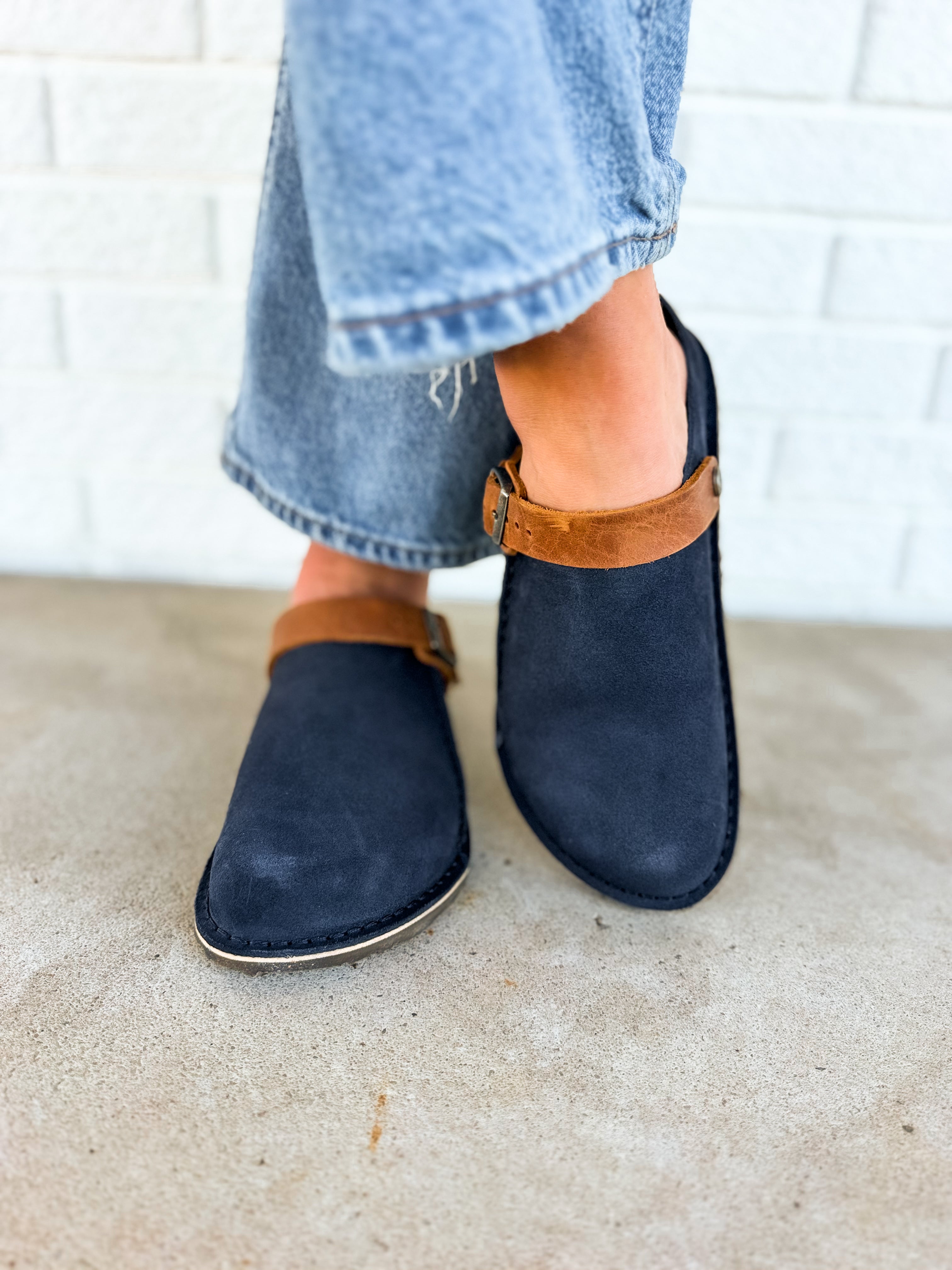 Birkenstock Lutry Premium Suede Clog - New Navy/Cognac - Lace and Grace Boutique