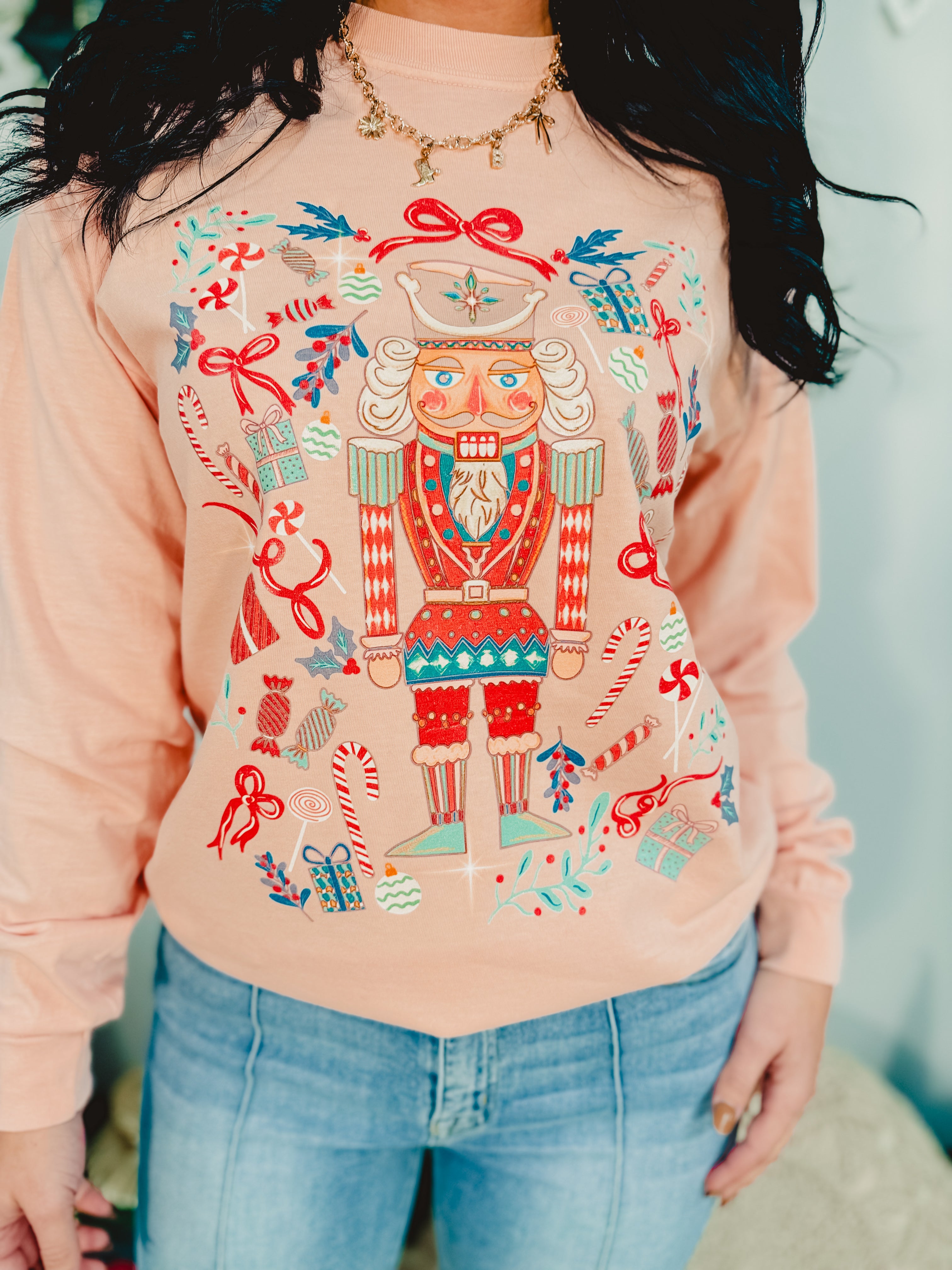 Christmas Nutcracker Long Sleeve Graphic Tee - Pale Pink - Lace and Grace Boutique