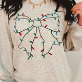 Embroidered Christmas Lights Bow Sweatshirt - Heather Grey