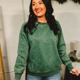 Acid Washed Fleece Crewneck Sweatshirt - Dark Green