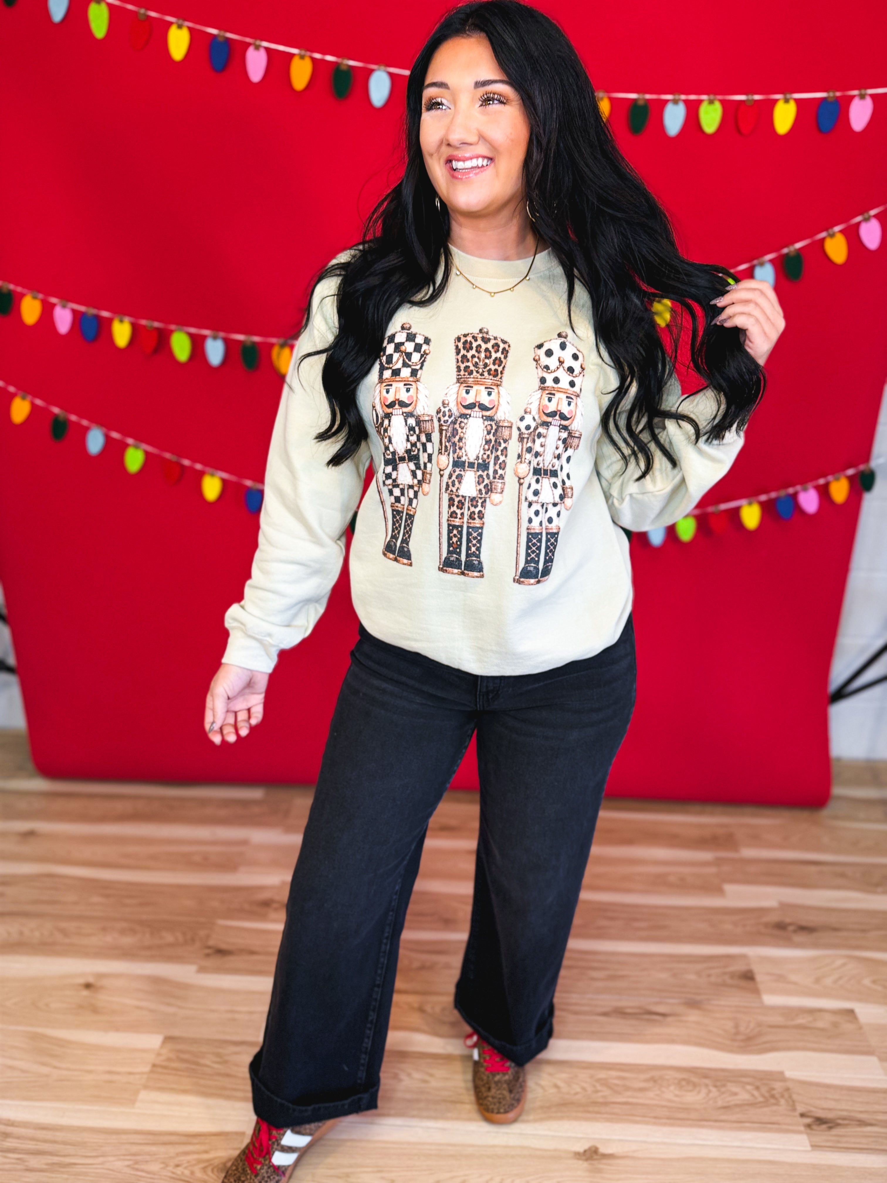 Nutcracker Trio Graphic Crewneck Sweatshirt - Beige - Lace and Grace Boutique