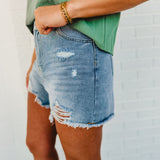 High Rise Distressed Wide Leg Denim Shorts - Medium Denim - Lace and Grace Boutique
