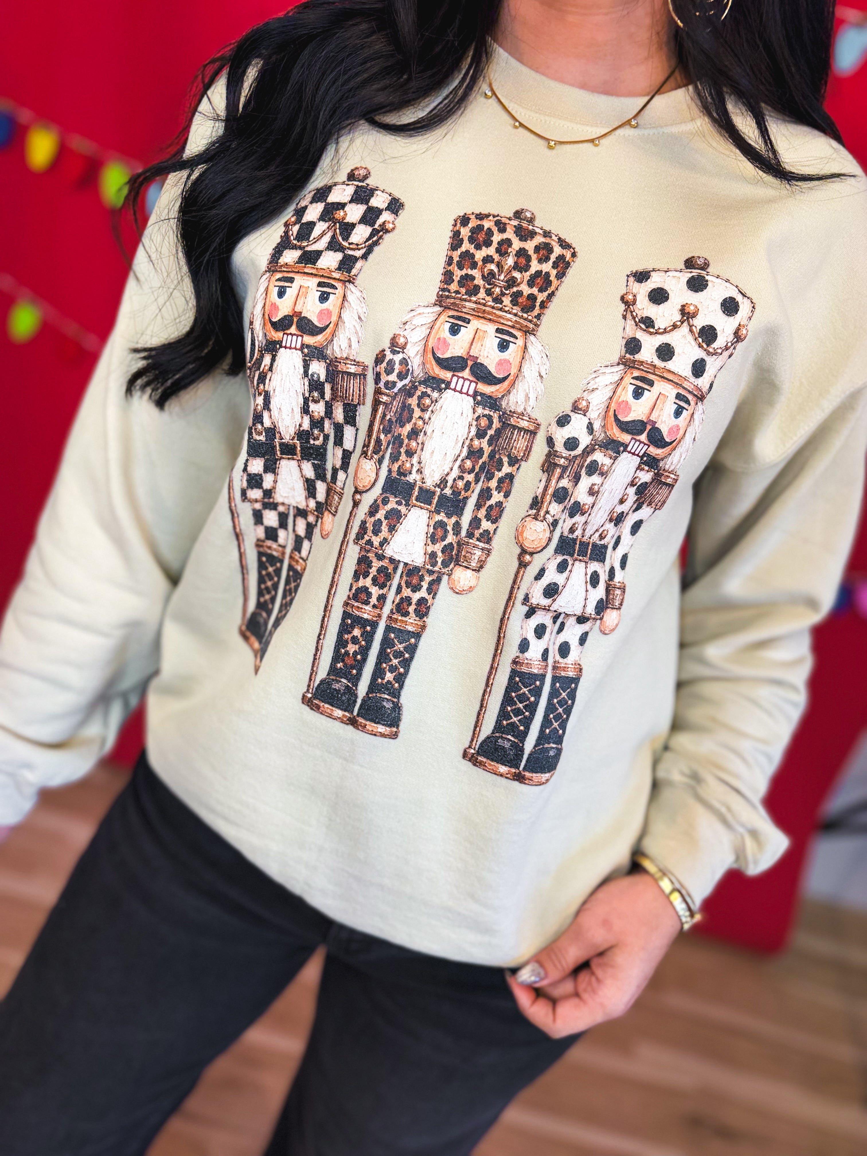 Nutcracker Trio Graphic Crewneck Sweatshirt - Beige - Lace and Grace Boutique