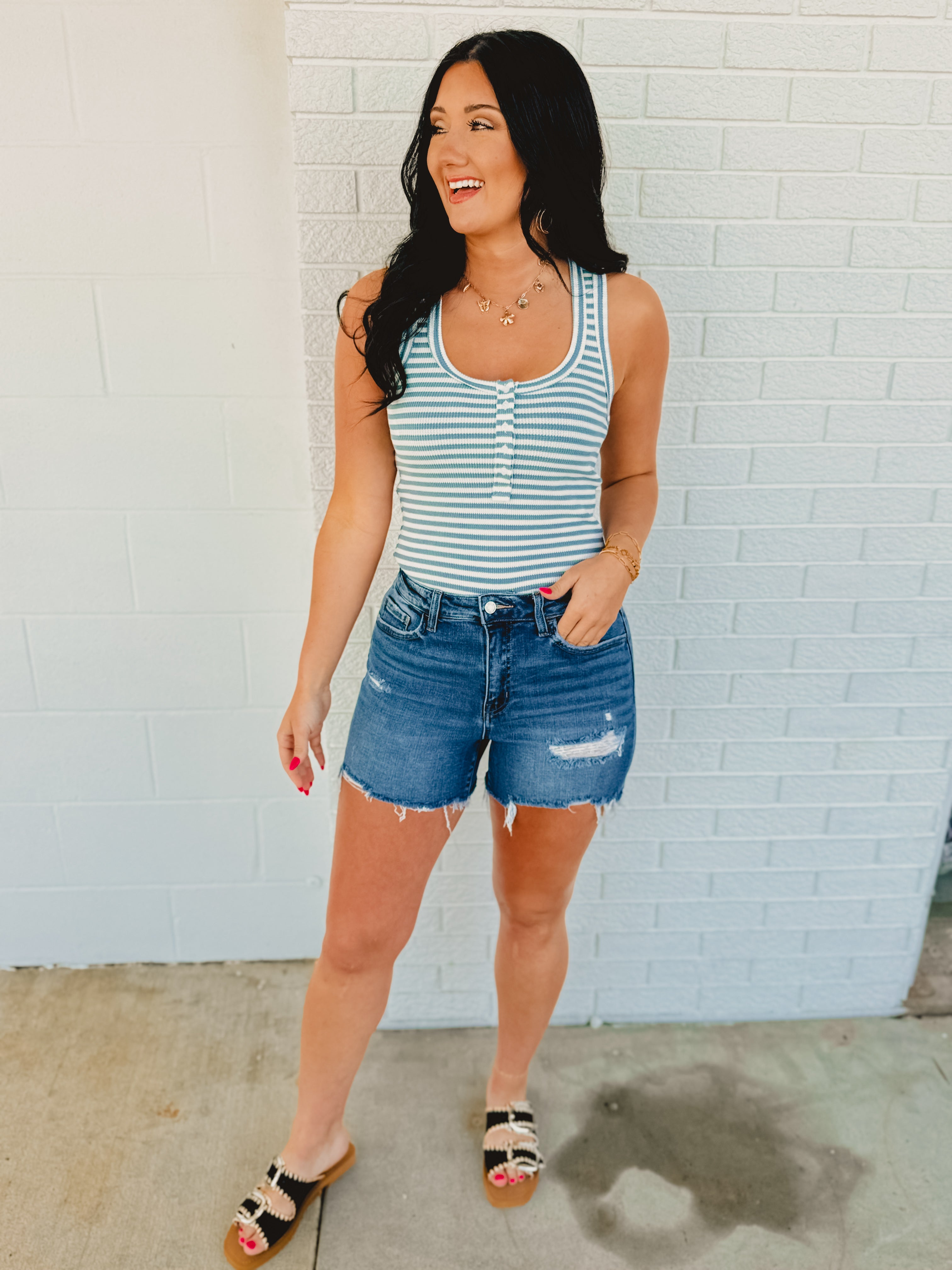 Striped & Solid Button Down Knit Tank Top - Sky - Lace and Grace Boutique