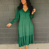 Swiss Dot Long Sleeve Button Maxi Dress - Evergreen