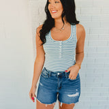 Striped & Solid Button Down Knit Tank Top - Sky - Lace and Grace Boutique