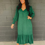 Swiss Dot Long Sleeve Button Maxi Dress - Evergreen