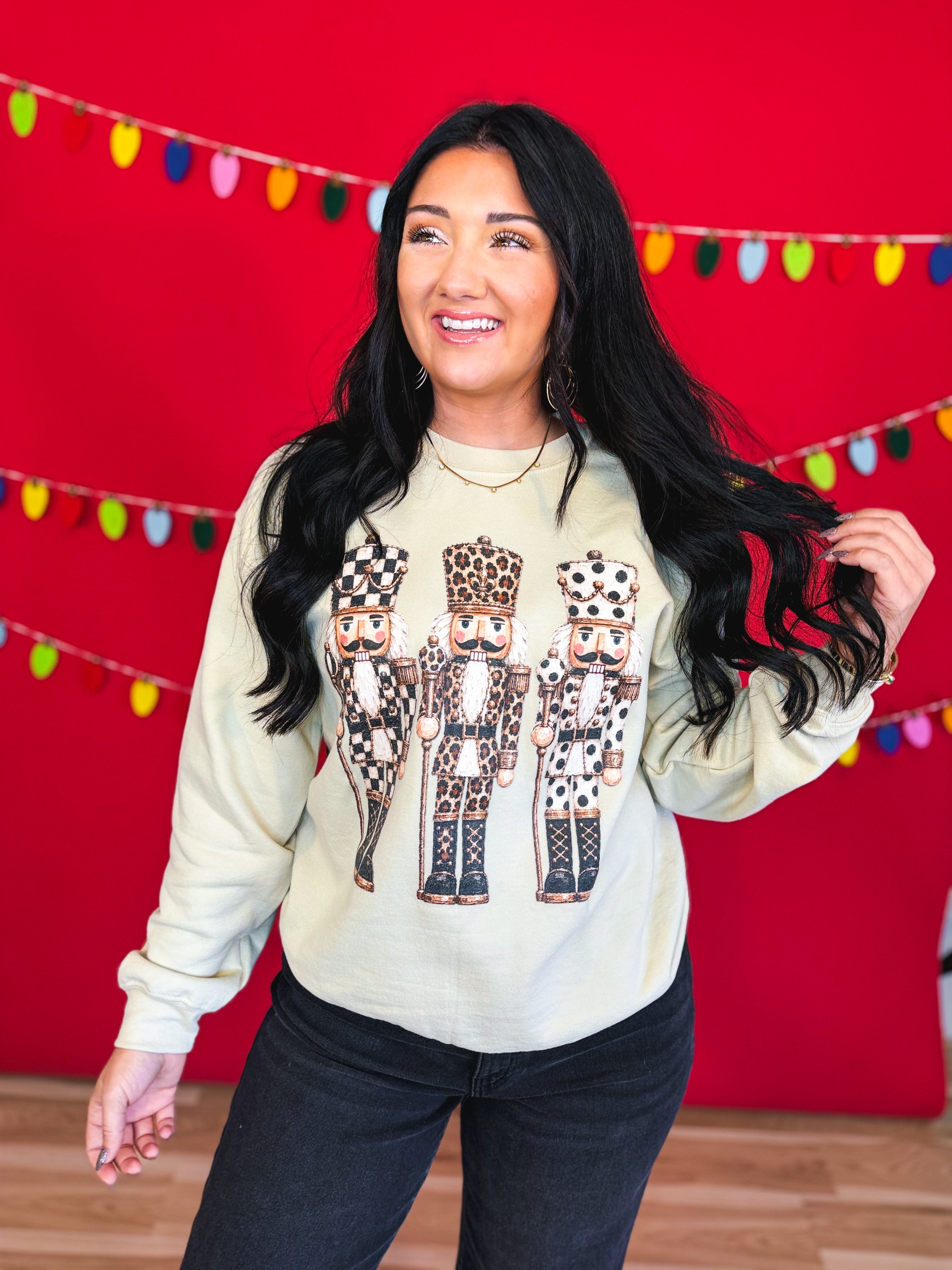 Nutcracker Trio Graphic Crewneck Sweatshirt - Beige - Lace and Grace Boutique