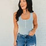 Striped & Solid Button Down Knit Tank Top - Sky - Lace and Grace Boutique