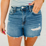 Co-Pilot High Rise Distressed Shorts - Medium Wash - Lace and Grace Boutique