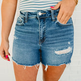 Co-Pilot High Rise Distressed Shorts - Medium Wash - Lace and Grace Boutique