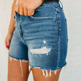 Co-Pilot High Rise Distressed Shorts - Medium Wash - Lace and Grace Boutique