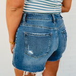 Co-Pilot High Rise Distressed Shorts - Medium Wash - Lace and Grace Boutique
