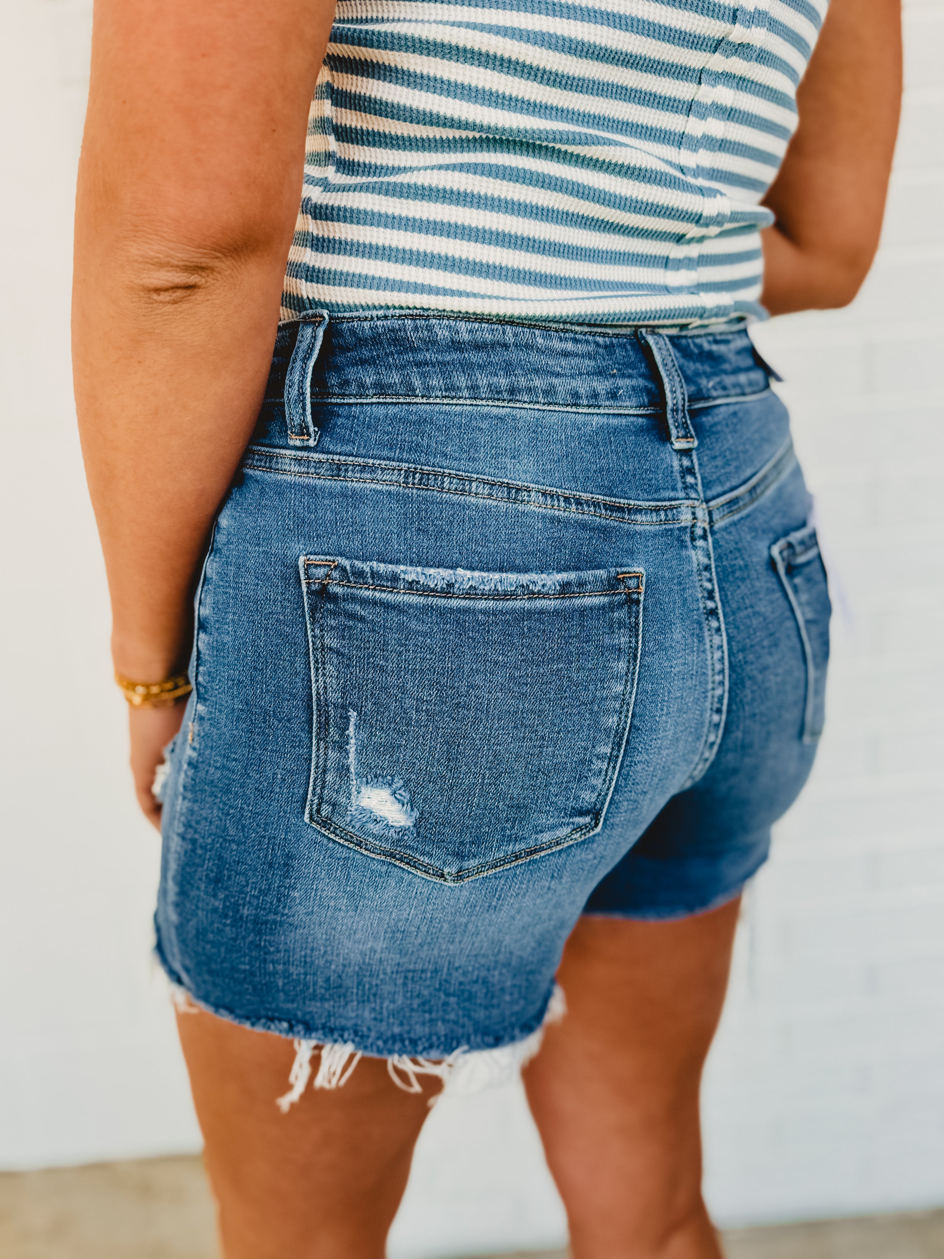 Co-Pilot High Rise Distressed Shorts - Medium Wash - Lace and Grace Boutique