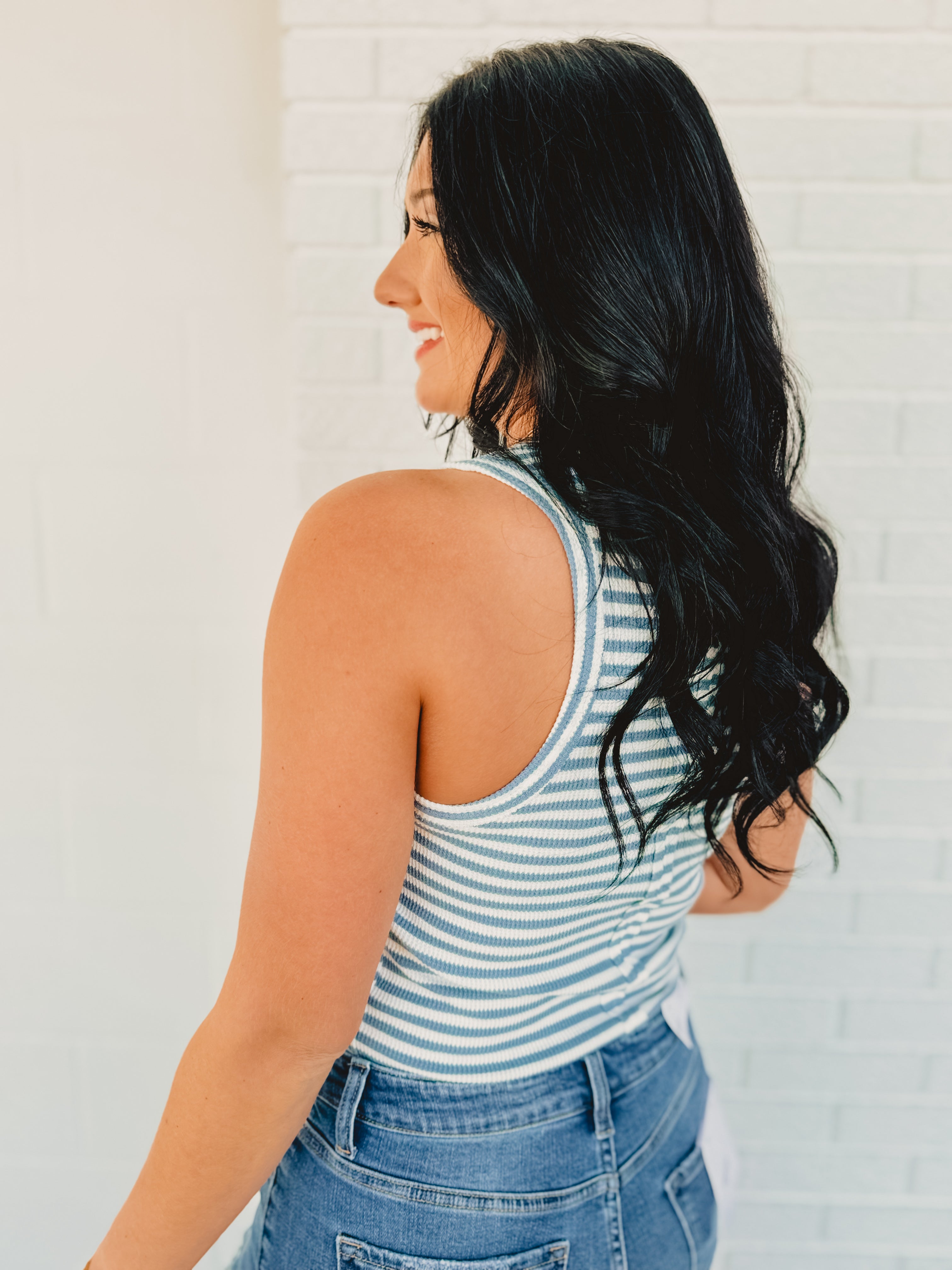 Striped & Solid Button Down Knit Tank Top - Sky - Lace and Grace Boutique
