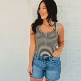 Striped & Solid Button Down Knit Tank Top - Black - Lace and Grace Boutique