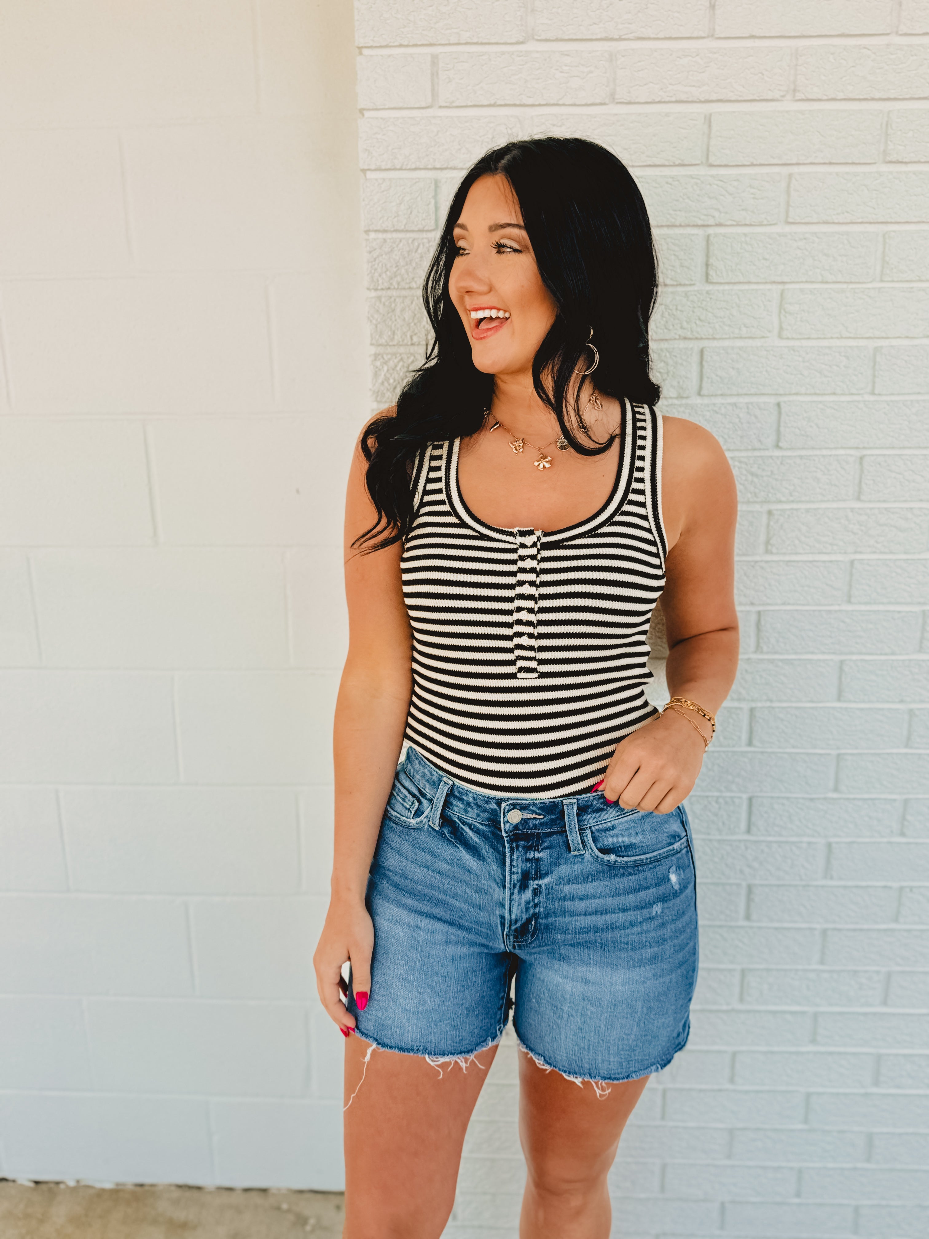 Striped & Solid Button Down Knit Tank Top - Black - Lace and Grace Boutique