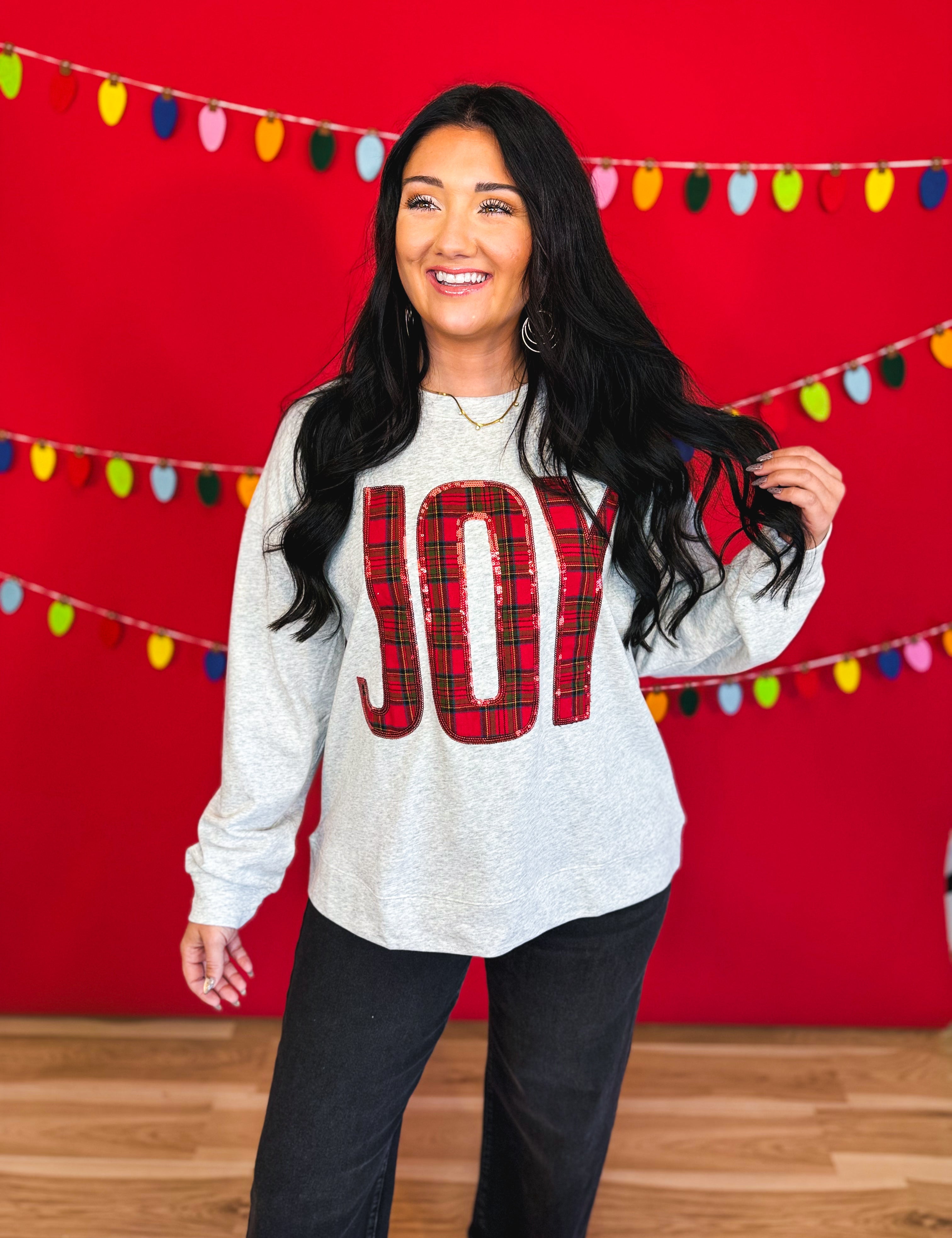 Joy Sequin Plaid Pullover Top - Heather Gray - Lace and Grace Boutique