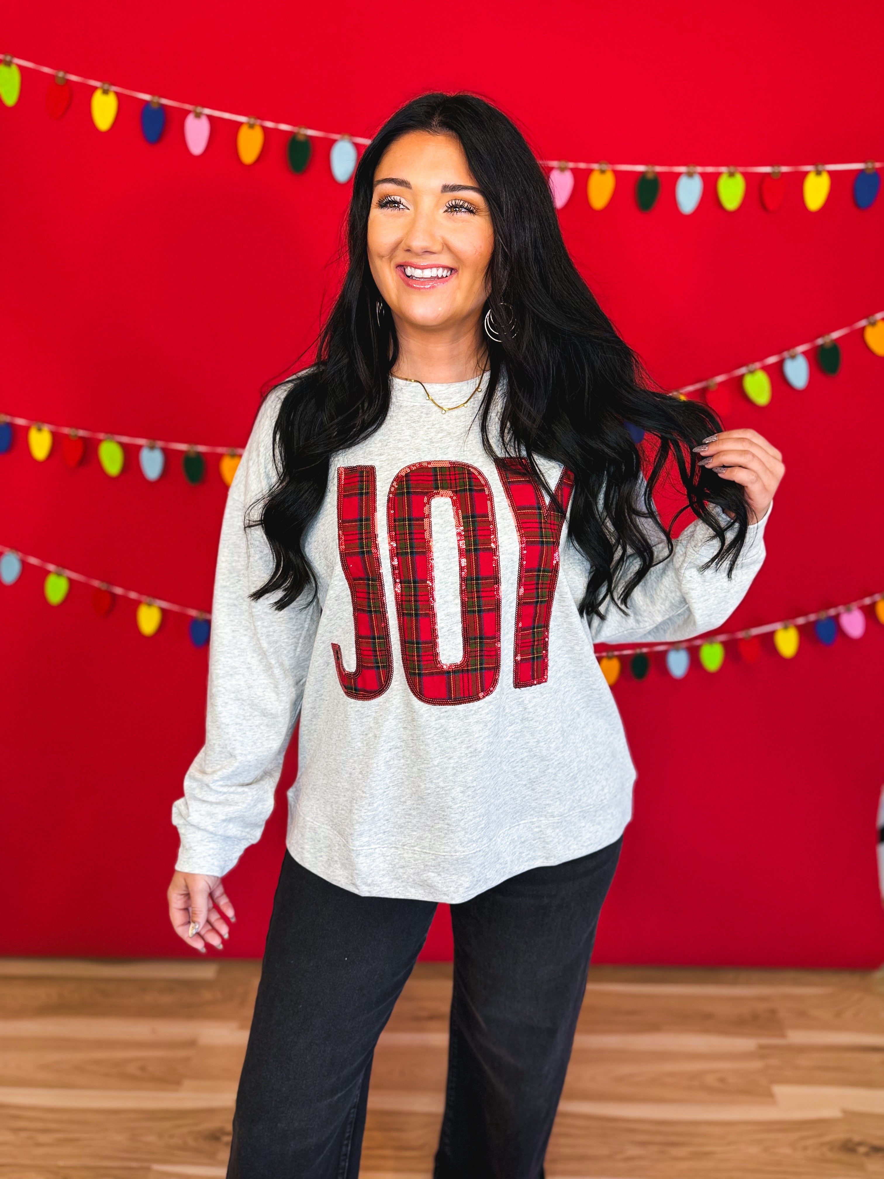 Joy Sequin Plaid Pullover Top - Heather Gray - Lace and Grace Boutique