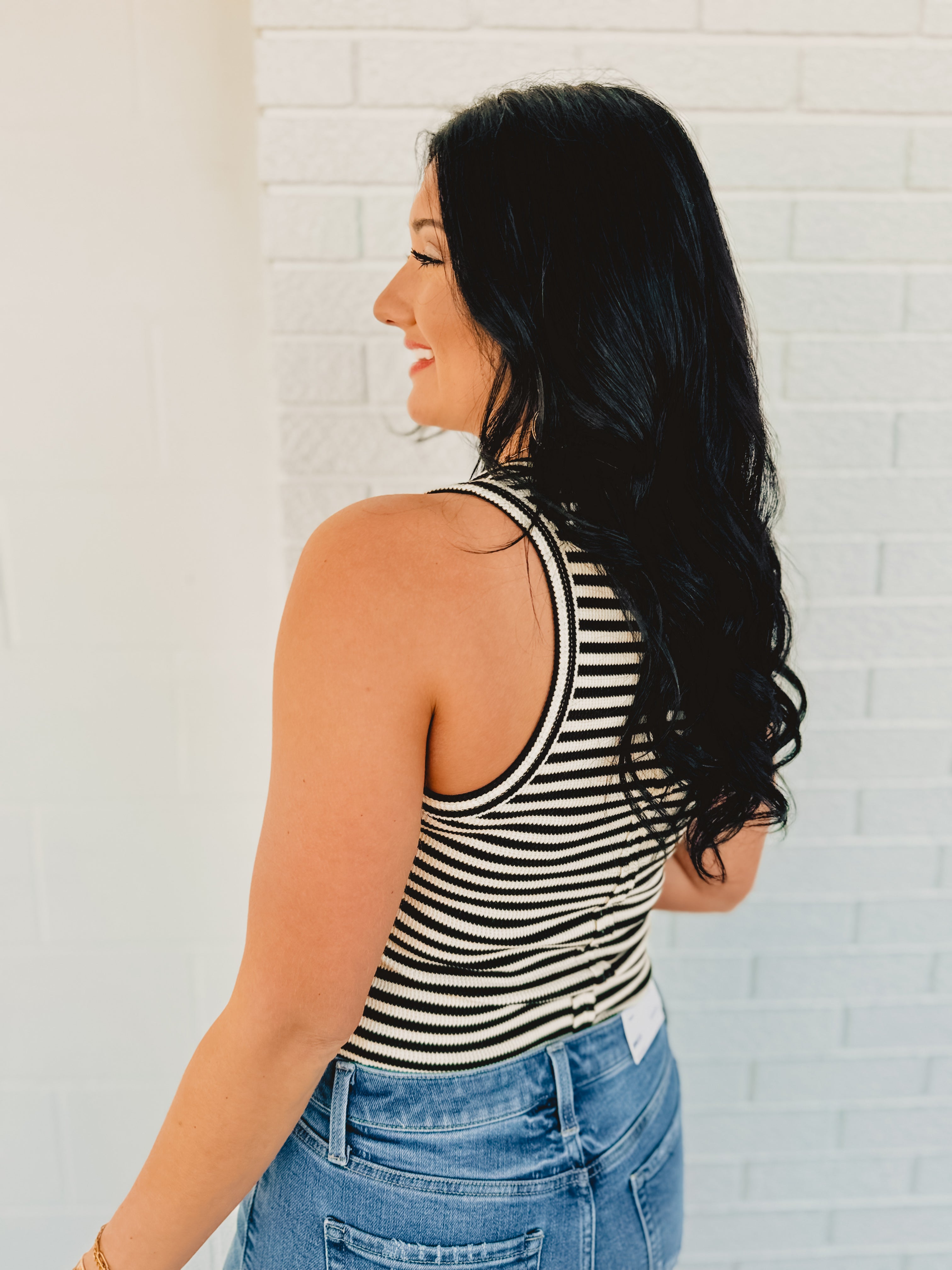 Striped & Solid Button Down Knit Tank Top - Black - Lace and Grace Boutique