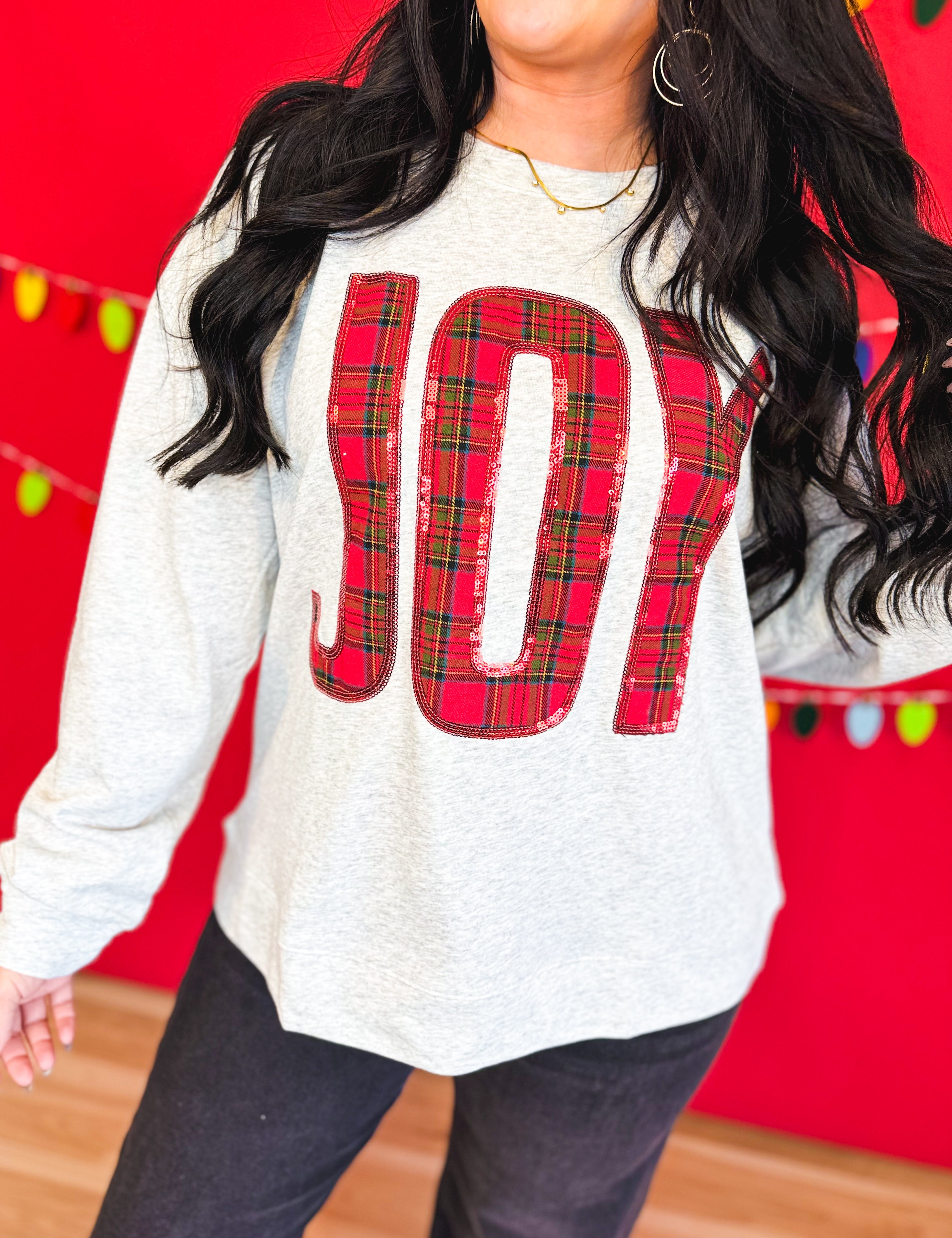 Joy Sequin Plaid Pullover Top - Heather Gray - Lace and Grace Boutique