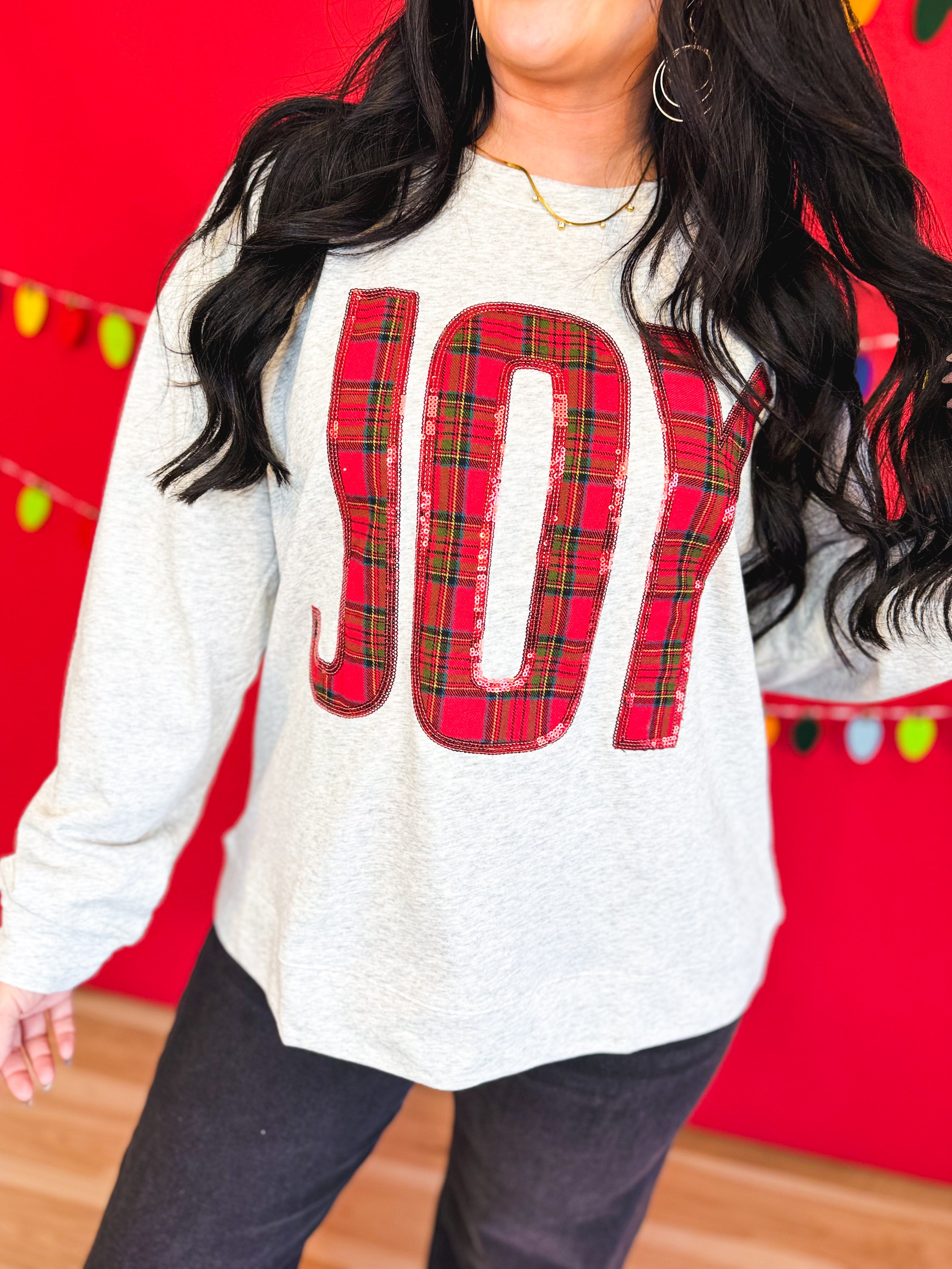 Joy Sequin Plaid Pullover Top - Heather Gray - Lace and Grace Boutique