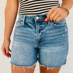 Climax High Rise Raw Hem Denim Shorts - Medium Wash - Lace and Grace Boutique