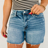 Climax High Rise Raw Hem Denim Shorts - Medium Wash - Lace and Grace Boutique