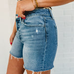 Climax High Rise Raw Hem Denim Shorts - Medium Wash - Lace and Grace Boutique