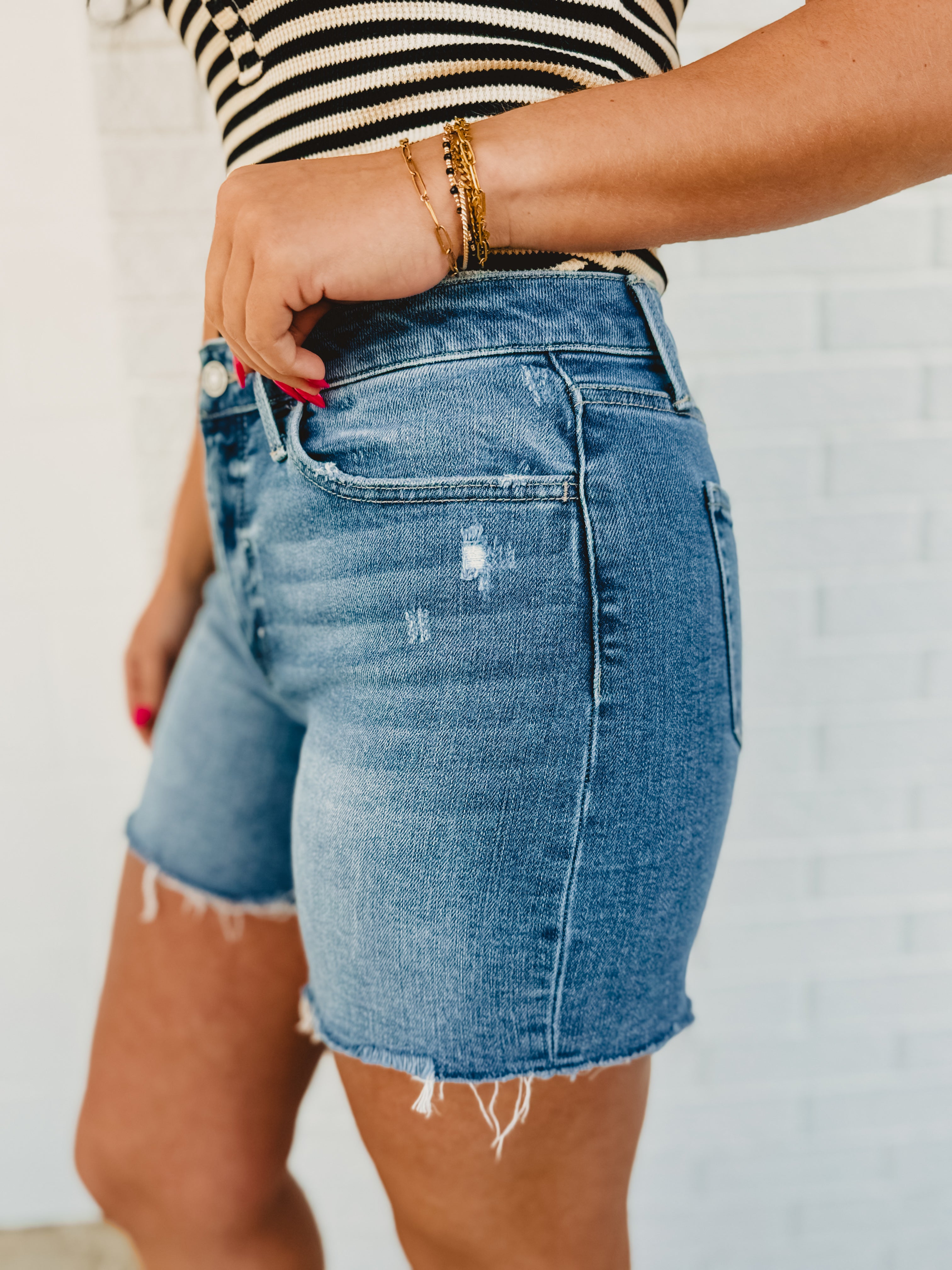 Climax High Rise Raw Hem Denim Shorts - Medium Wash - Lace and Grace Boutique