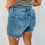 Climax High Rise Raw Hem Denim Shorts - Medium Wash - Lace and Grace Boutique