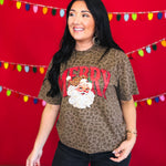 Merry Santa Leopard Print Graphic Tee - Brown - Lace and Grace Boutique