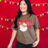 Merry Santa Leopard Print Graphic Tee - Brown - Lace and Grace Boutique