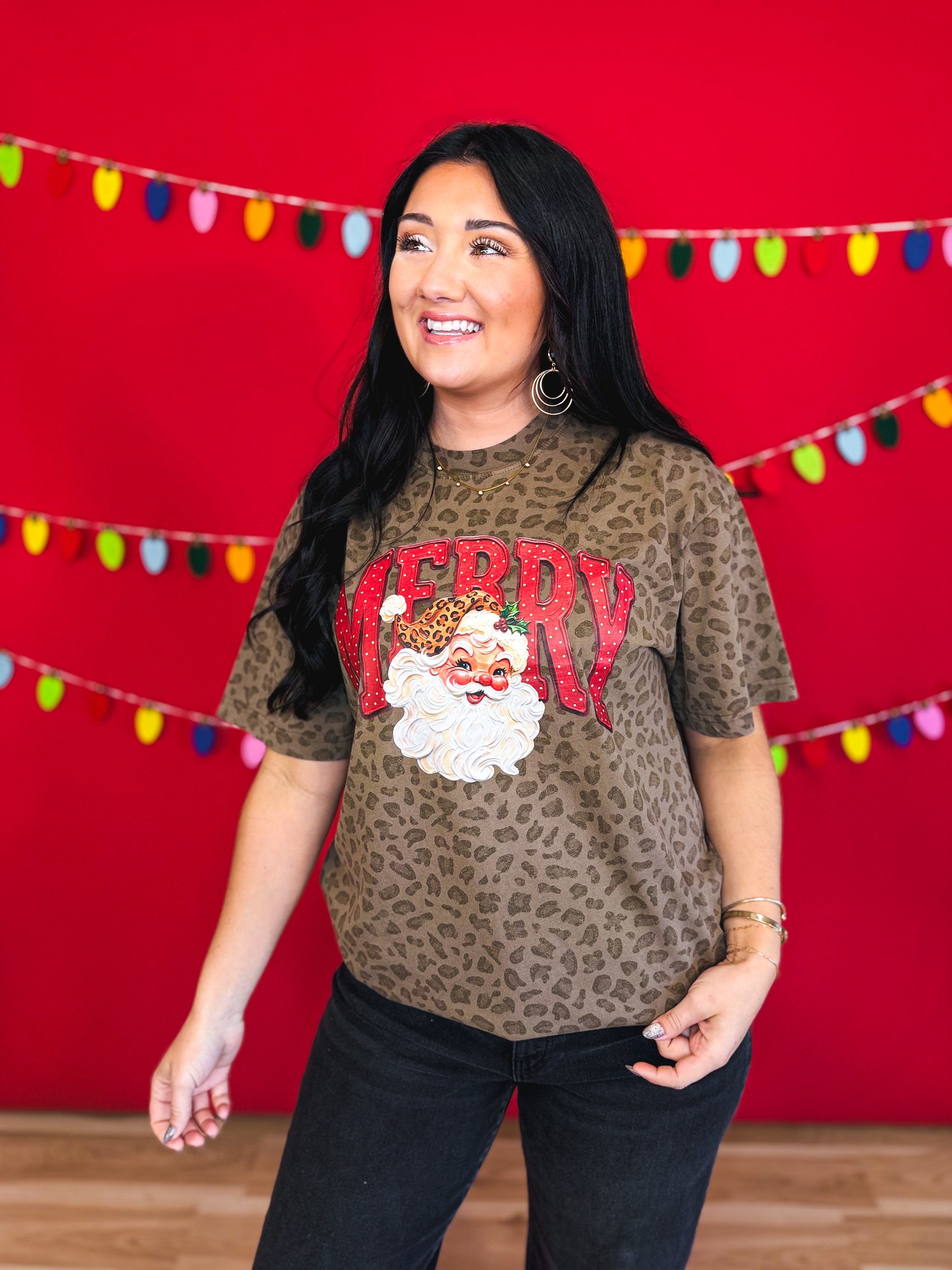 Merry Santa Leopard Print Graphic Tee - Brown - Lace and Grace Boutique