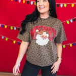 Merry Santa Leopard Print Graphic Tee - Brown - Lace and Grace Boutique