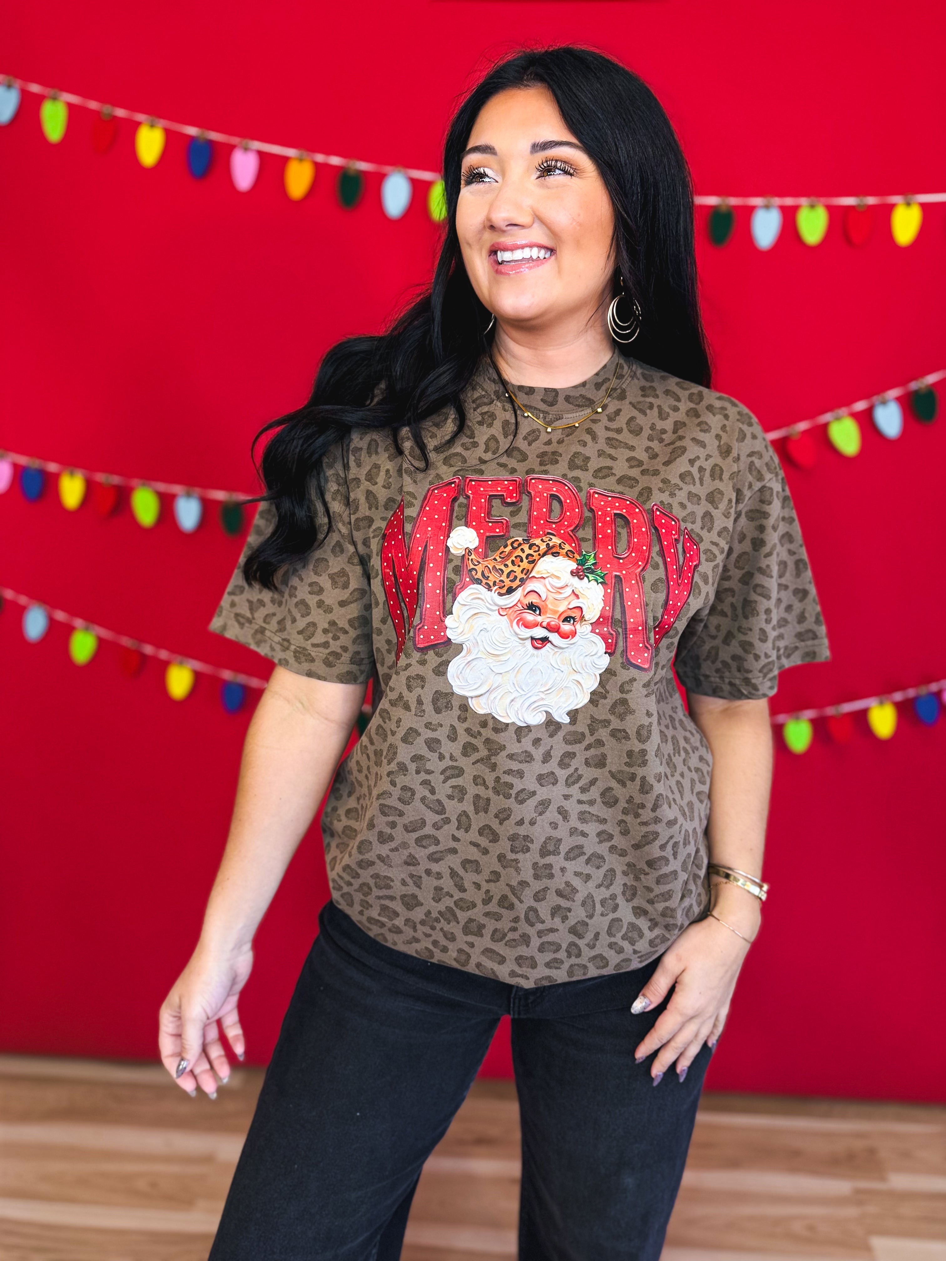 Merry Santa Leopard Print Graphic Tee - Brown - Lace and Grace Boutique