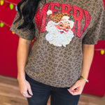 Merry Santa Leopard Print Graphic Tee - Brown - Lace and Grace Boutique