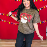 Merry Santa Leopard Print Graphic Tee - Brown - Lace and Grace Boutique