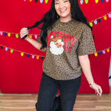 Merry Santa Leopard Print Graphic Tee - Brown - Lace and Grace Boutique