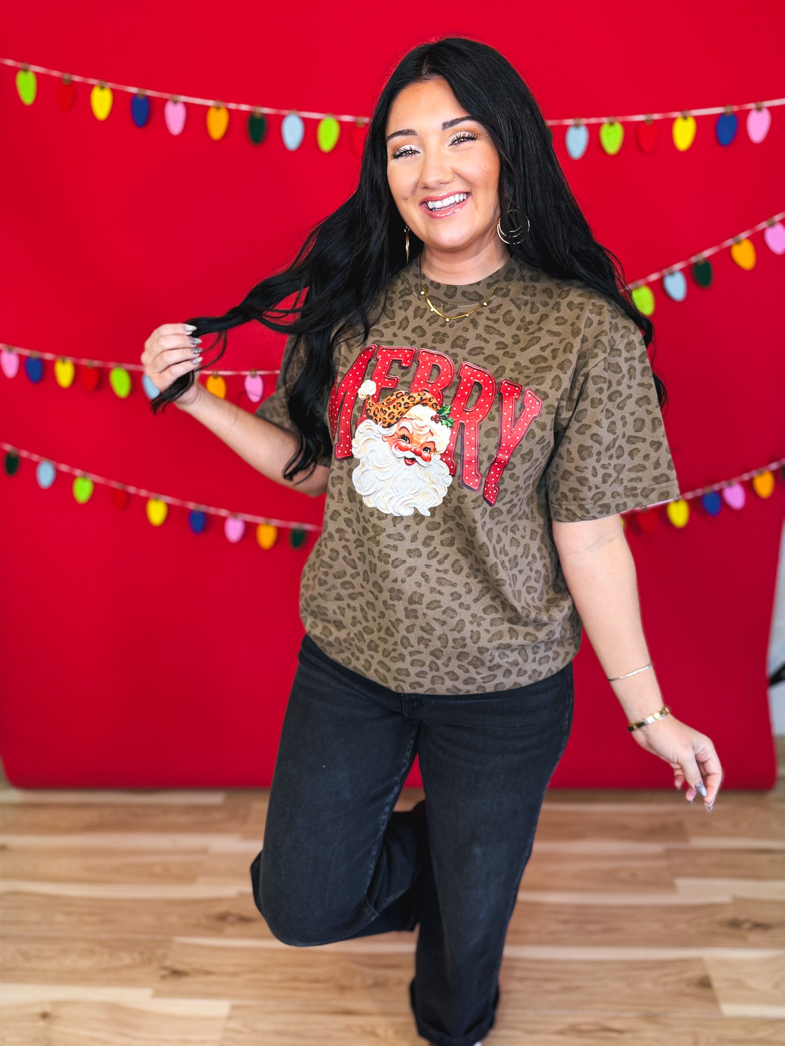 Merry Santa Leopard Print Graphic Tee - Brown - Lace and Grace Boutique