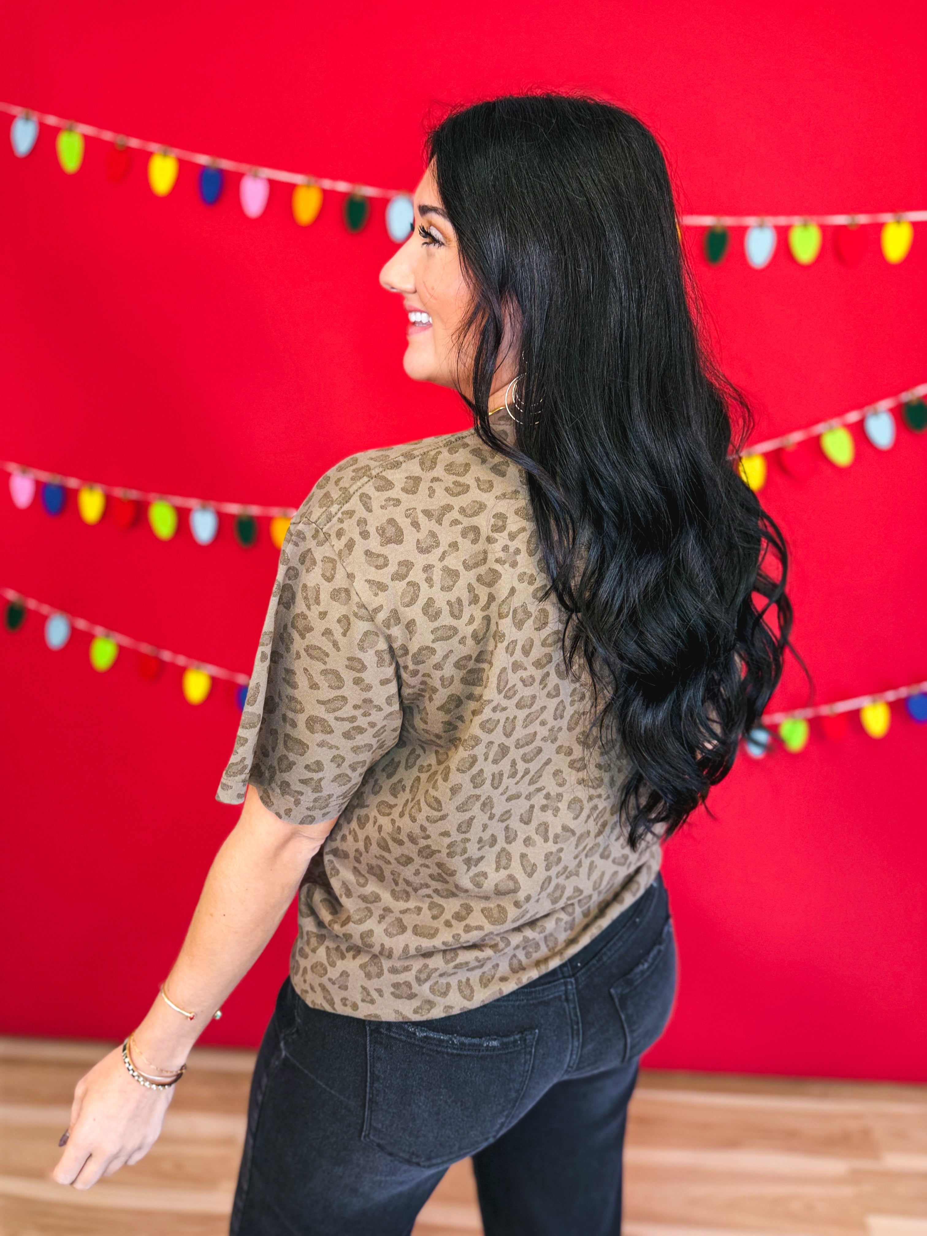 Merry Santa Leopard Print Graphic Tee - Brown - Lace and Grace Boutique